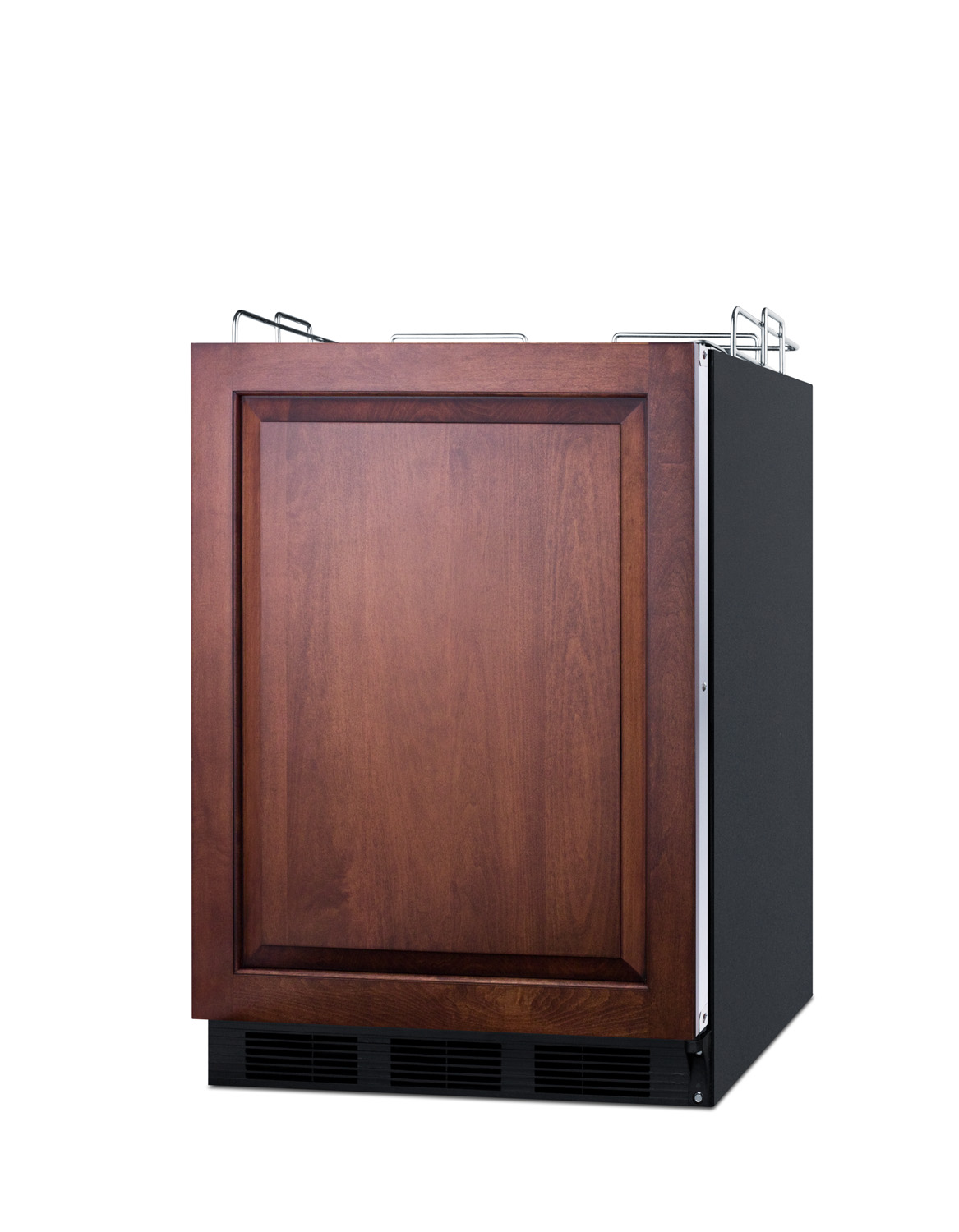 Built-in undercounter ADA height commercially listed beer dispenser with panel-ready door and black cabinet; no tapping equipment included